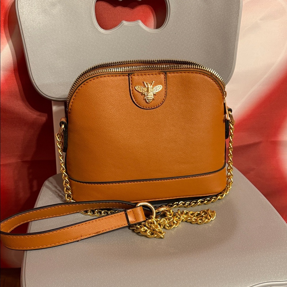 Brown Leather Crossbody Bag with Gold Bee Accent